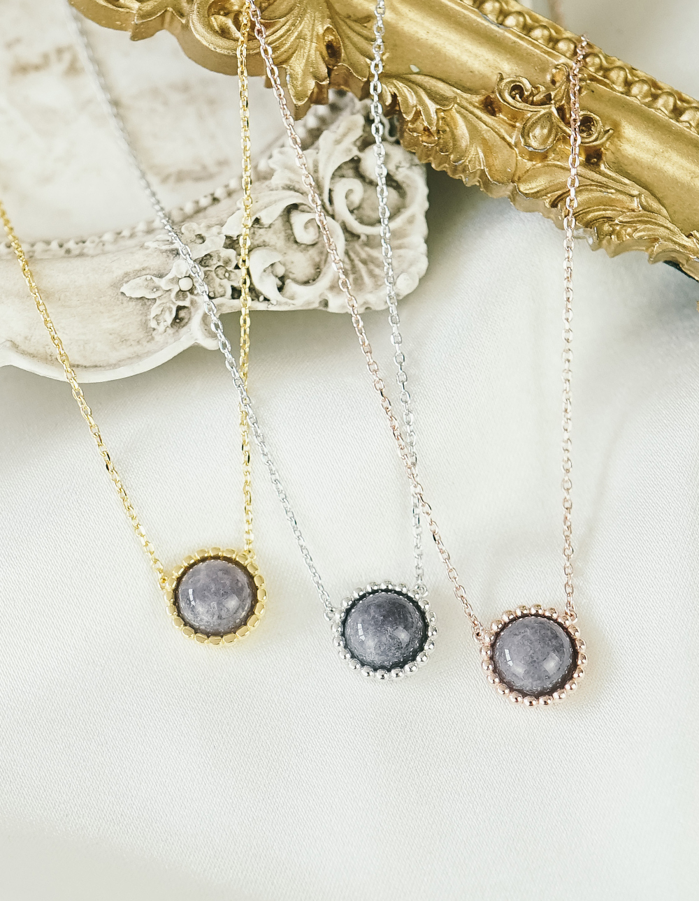 925 純銀暈染灰黑系水晶圓框項鍊✦玫瑰金