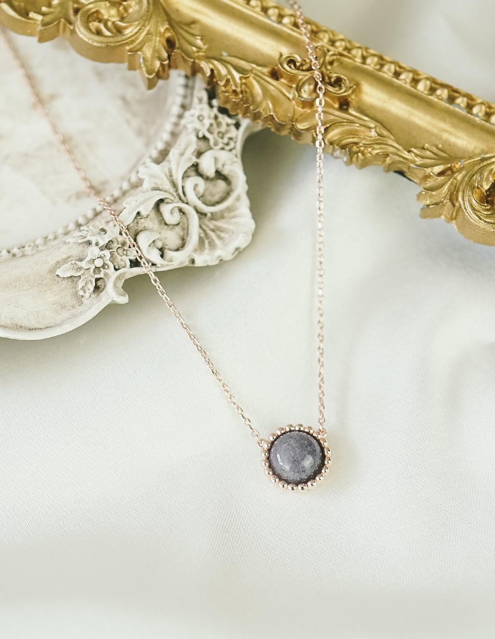 925 純銀暈染灰黑系水晶圓框項鍊✦玫瑰金