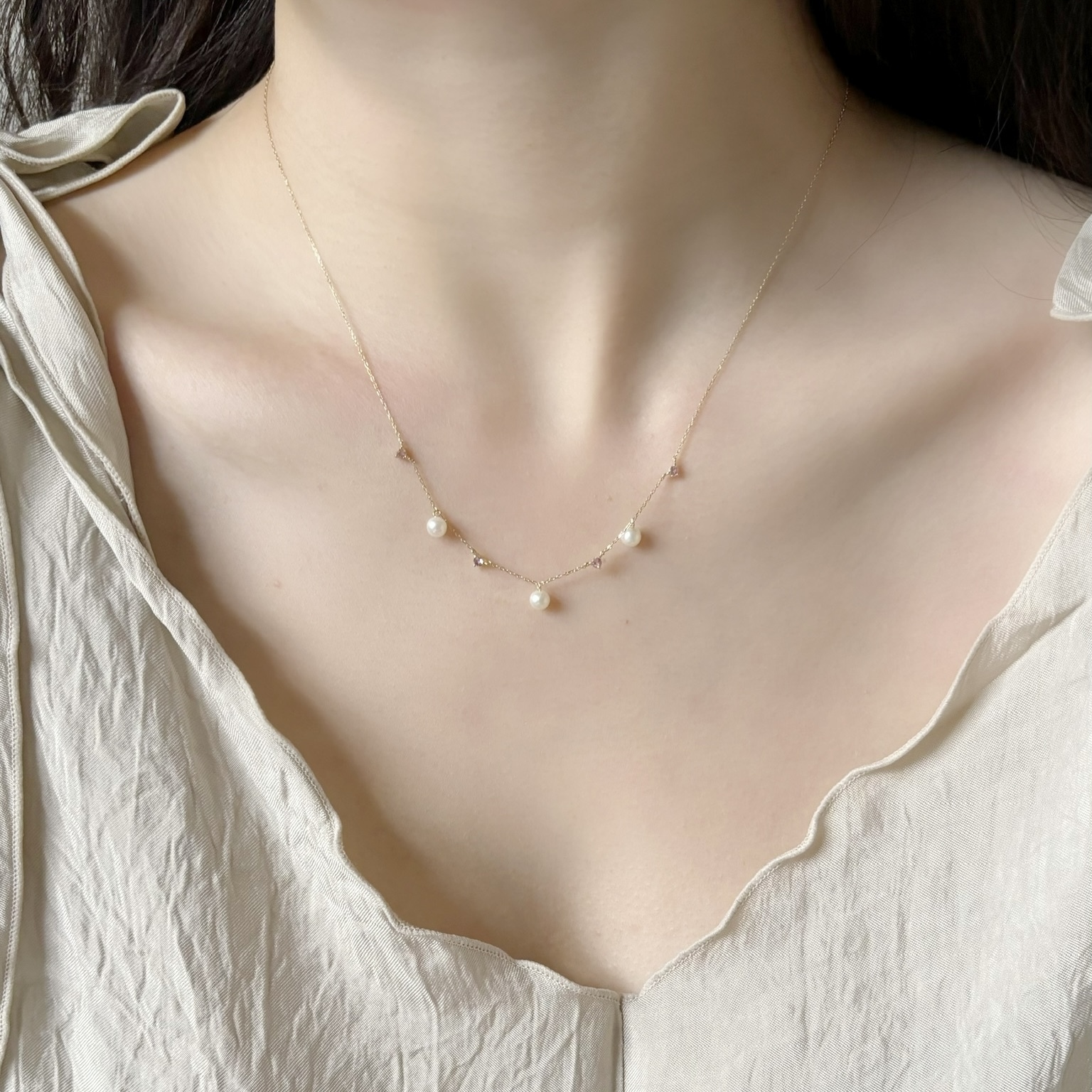 14K Dancing珍珠粉碧璽鎖骨鏈