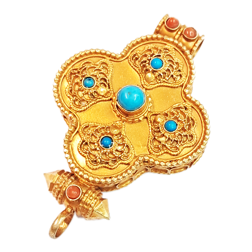 十字杵蓮花鑲綠松石925純銀鎏金嘎屋【十方】150681