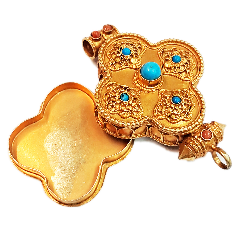 十字杵蓮花鑲綠松石925純銀鎏金嘎屋【十方】150681