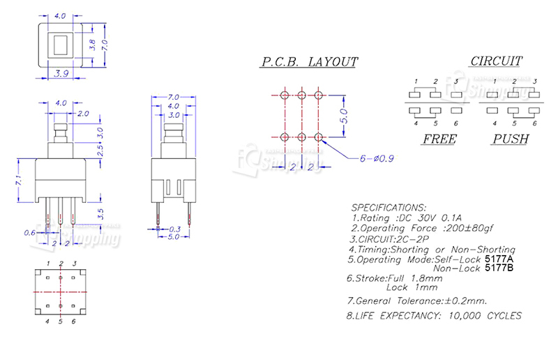 6P,有段開關,7mm,尺寸規格