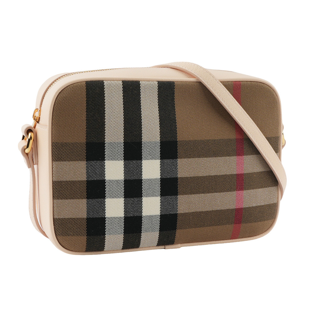 【BURBERRY】經典深格紋及牛皮大款拉鍊相機包