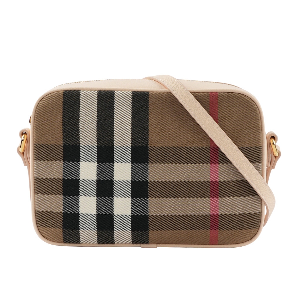 【BURBERRY】經典深格紋及牛皮大款拉鍊相機包(貝殼粉) 80844981
