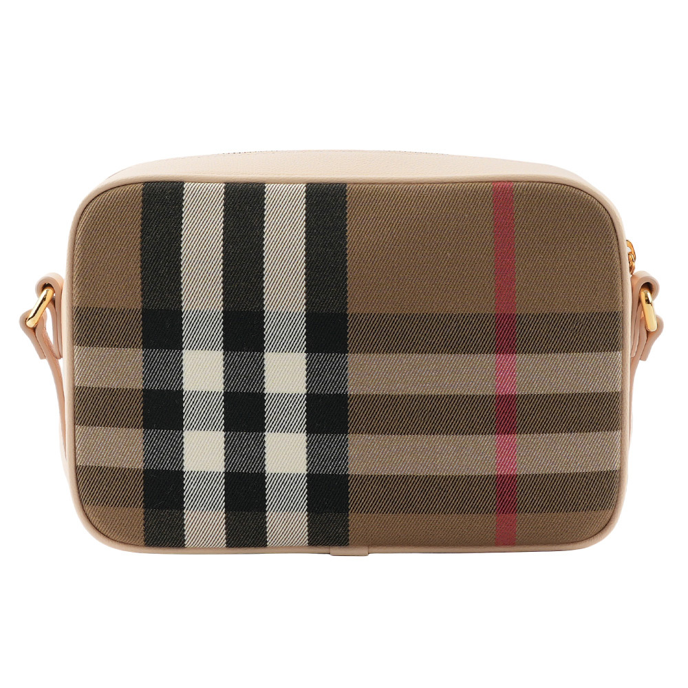 【BURBERRY】經典深格紋及牛皮大款拉鍊相機包(貝殼粉) 80844981