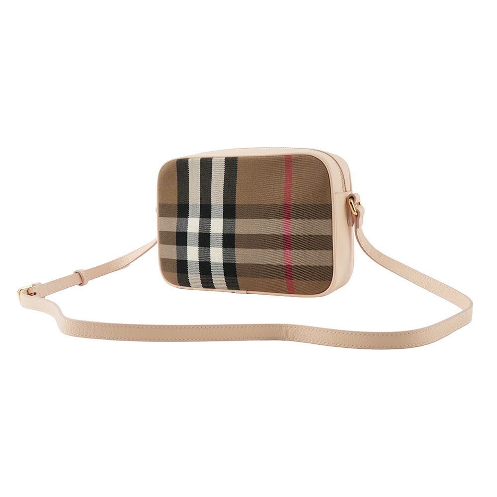 【BURBERRY】經典深格紋及牛皮大款拉鍊相機包(貝殼粉) 80844981