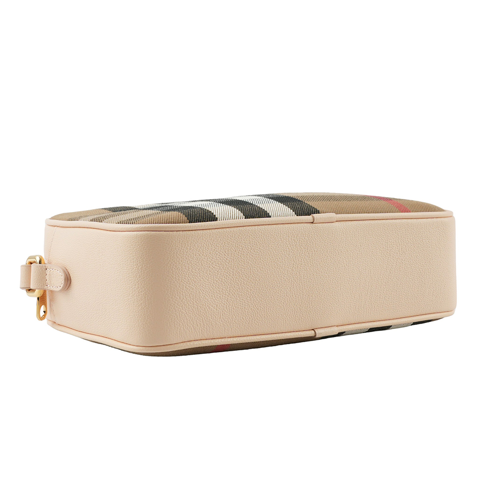 【BURBERRY】經典深格紋及牛皮大款拉鍊相機包(貝殼粉) 80844981