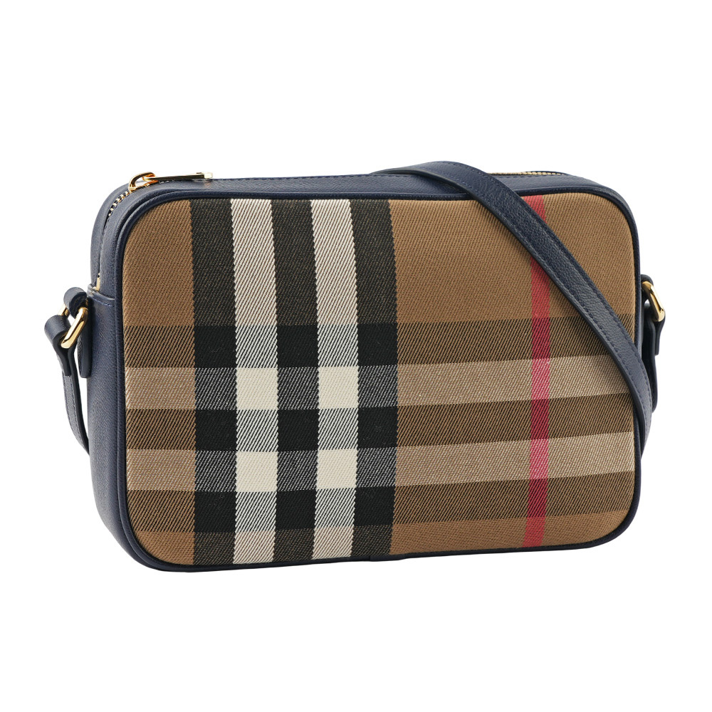【BURBERRY】經典深格紋及牛皮大款拉鍊相機包