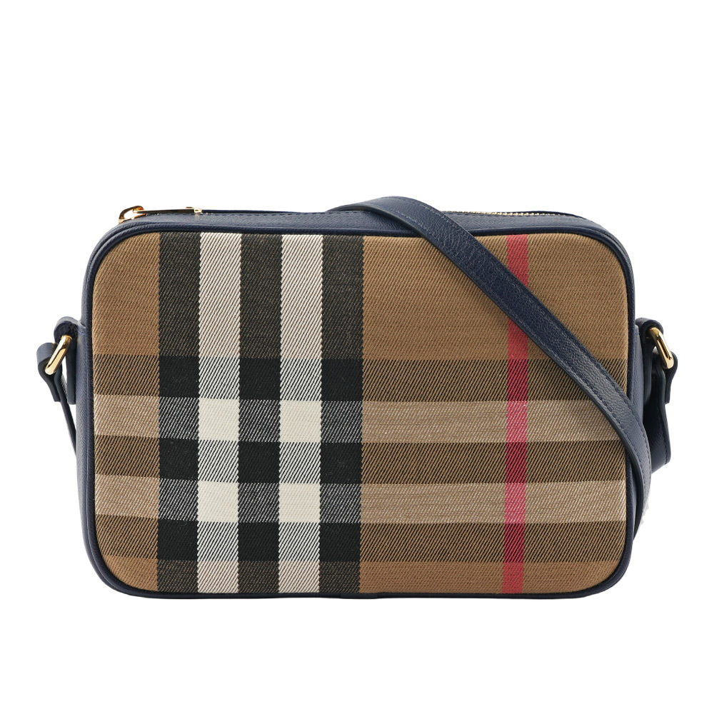 【BURBERRY】經典深格紋及牛皮大款拉鍊相機包(海軍藍) 80844961
