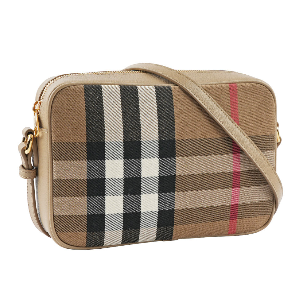 【BURBERRY】經典深格紋及牛皮大款拉鍊相機包(栗子色) 80844991