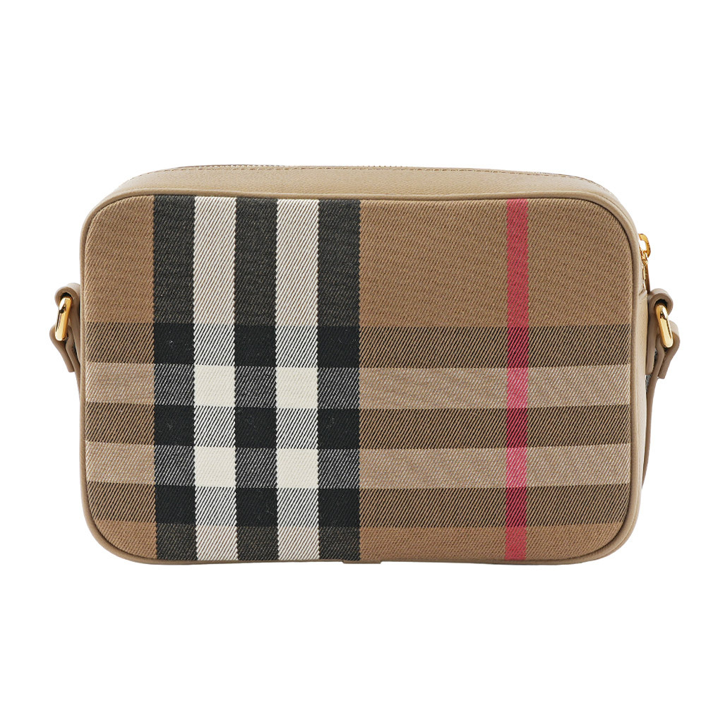【BURBERRY】經典深格紋及牛皮大款拉鍊相機包(栗子色) 80844991