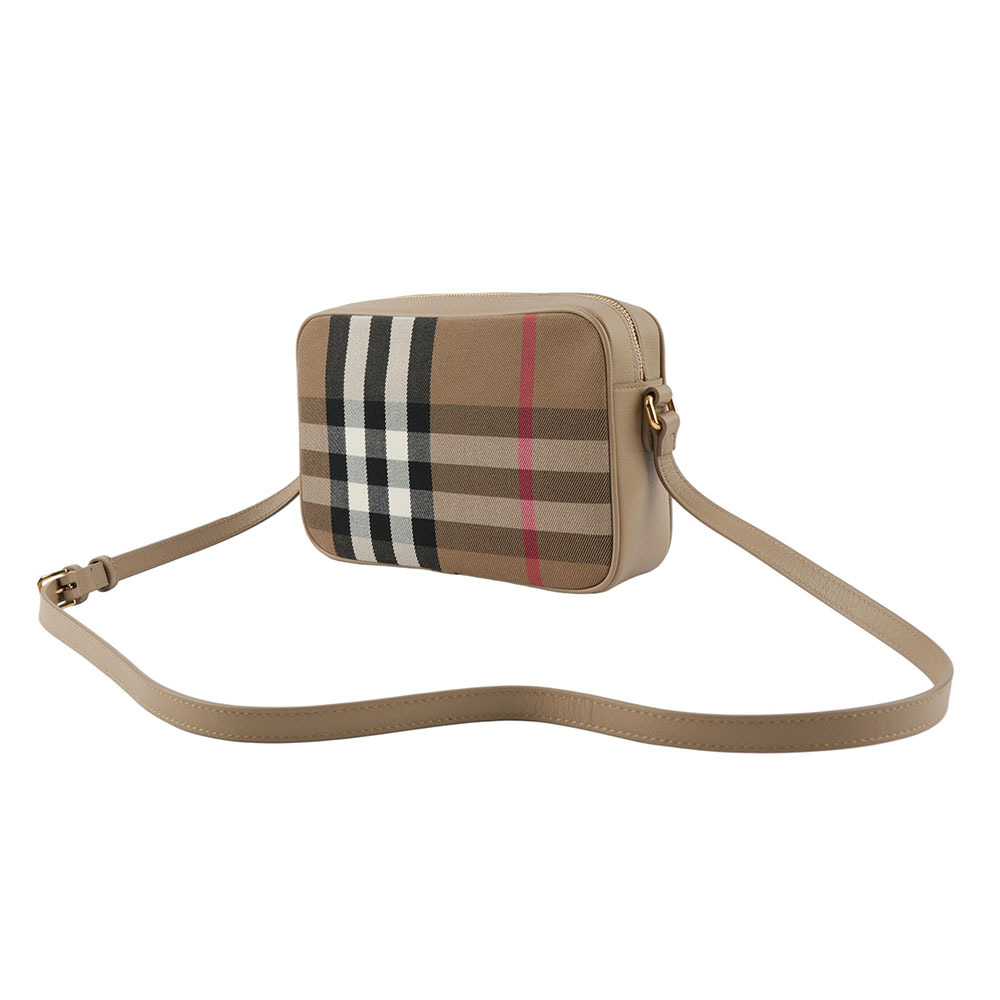 【BURBERRY】經典深格紋及牛皮大款拉鍊相機包(栗子色) 80844991