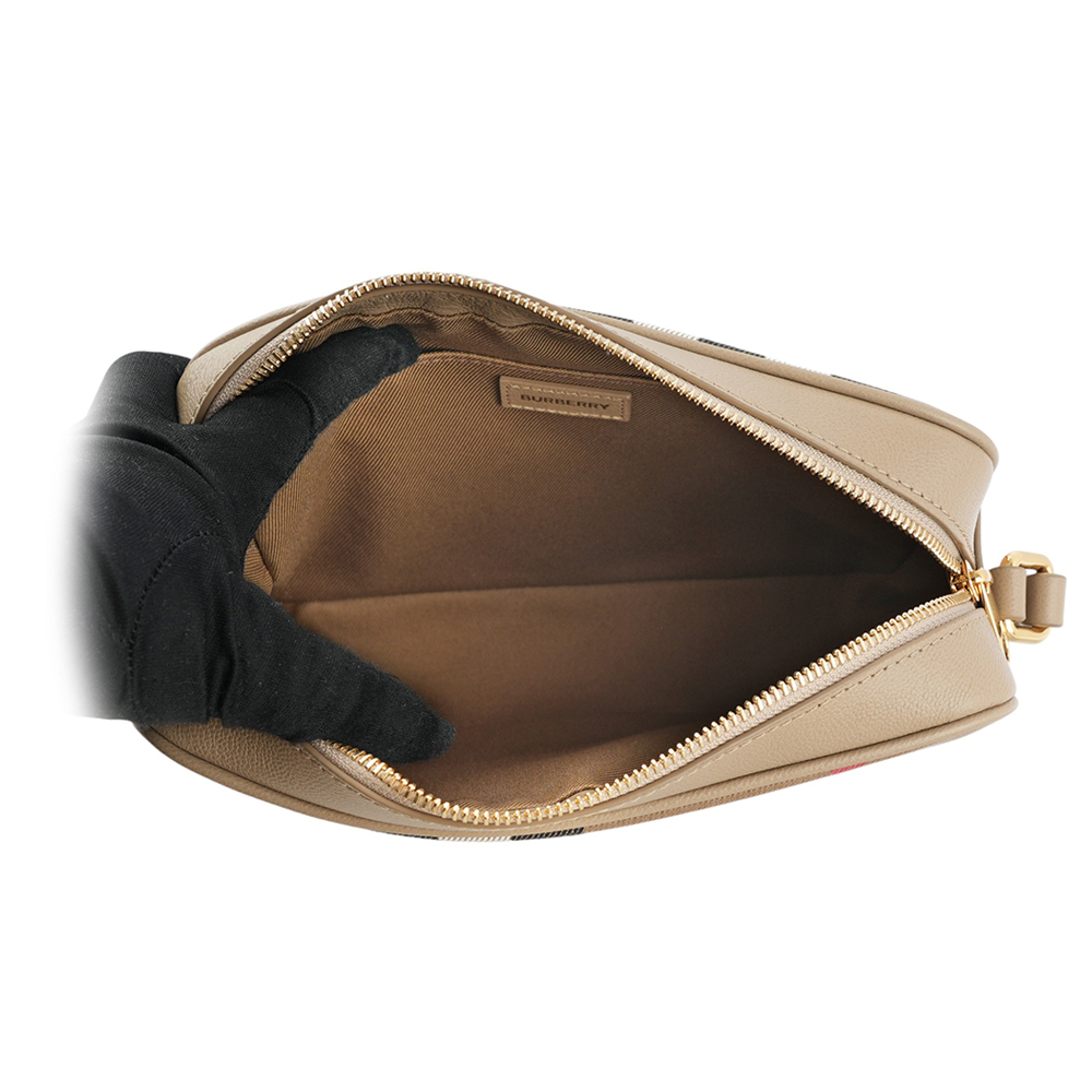 【BURBERRY】經典深格紋及牛皮大款拉鍊相機包(栗子色) 80844991