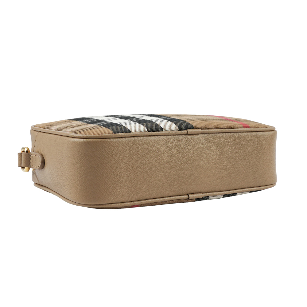 【BURBERRY】經典深格紋及牛皮大款拉鍊相機包(栗子色) 80844991