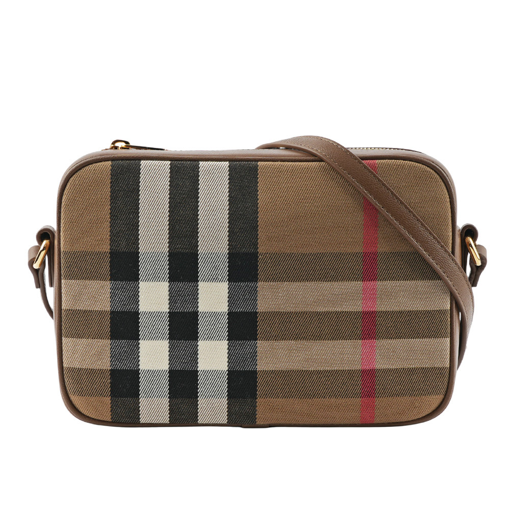 【BURBERRY】經典深格紋及牛皮大款拉鍊相機包