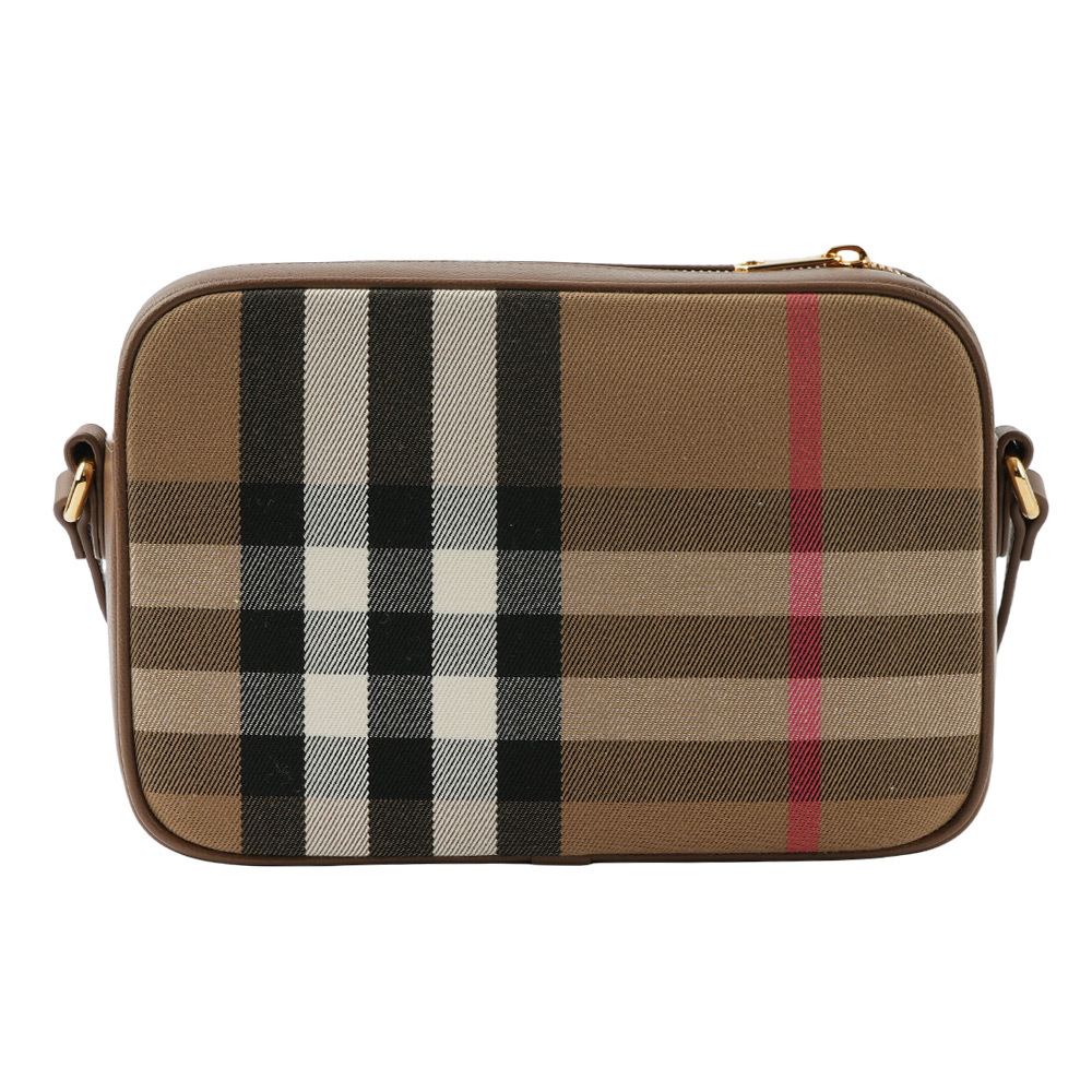 【BURBERRY】經典深格紋及牛皮大款拉鍊相機包(土棕色) 80844951