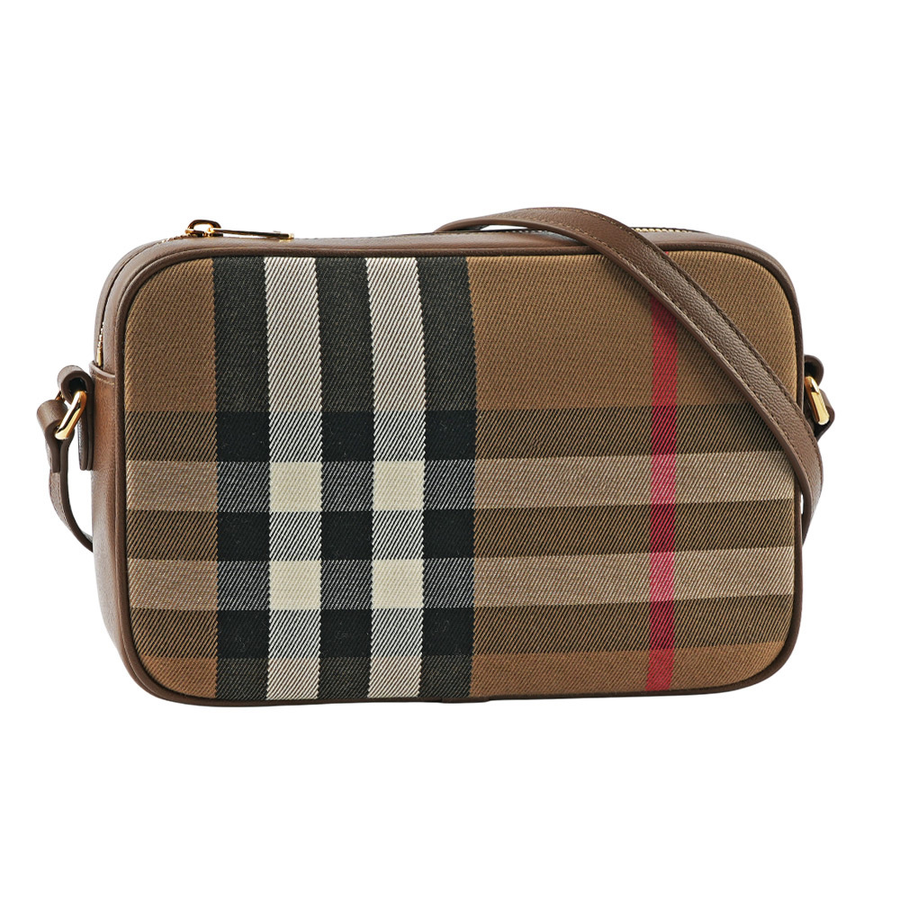 【BURBERRY】經典深格紋及牛皮大款拉鍊相機包(土棕色) 80844951