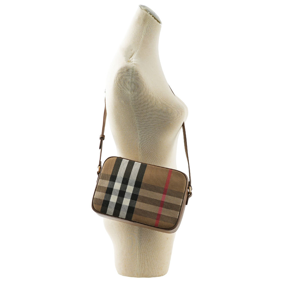 【BURBERRY】經典深格紋及牛皮大款拉鍊相機包(土棕色) 80844951