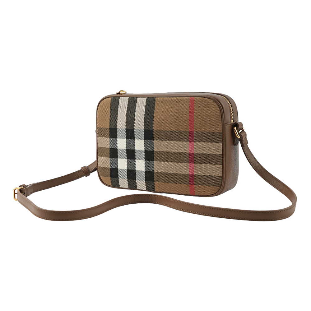 【BURBERRY】經典深格紋及牛皮大款拉鍊相機包(土棕色) 80844951