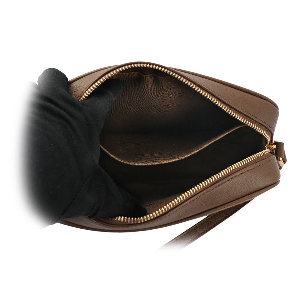 【BURBERRY】經典深格紋及牛皮大款拉鍊相機包(土棕色) 80844951