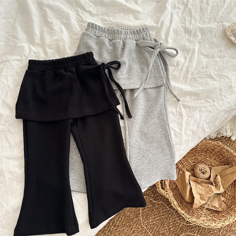 側邊綁帶假兩件喇叭褲