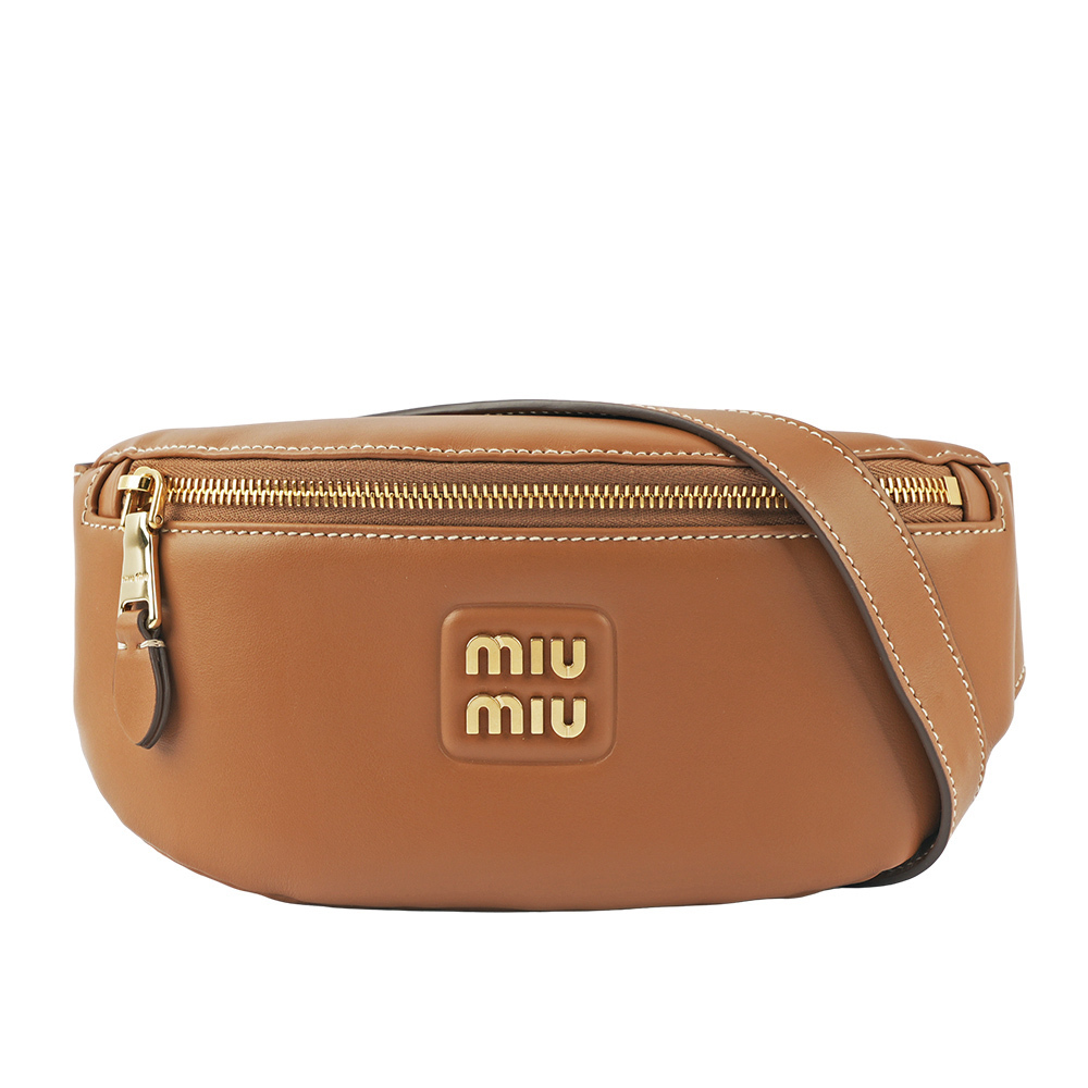 【MIU MIU】金字Logo 小牛皮腰包/胸口包(焦糖色) 5BL015 2E6Y F098L