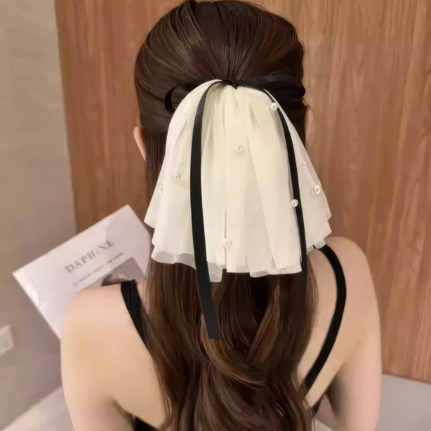 Pearl Net Yarn Ribbon Hair Claw