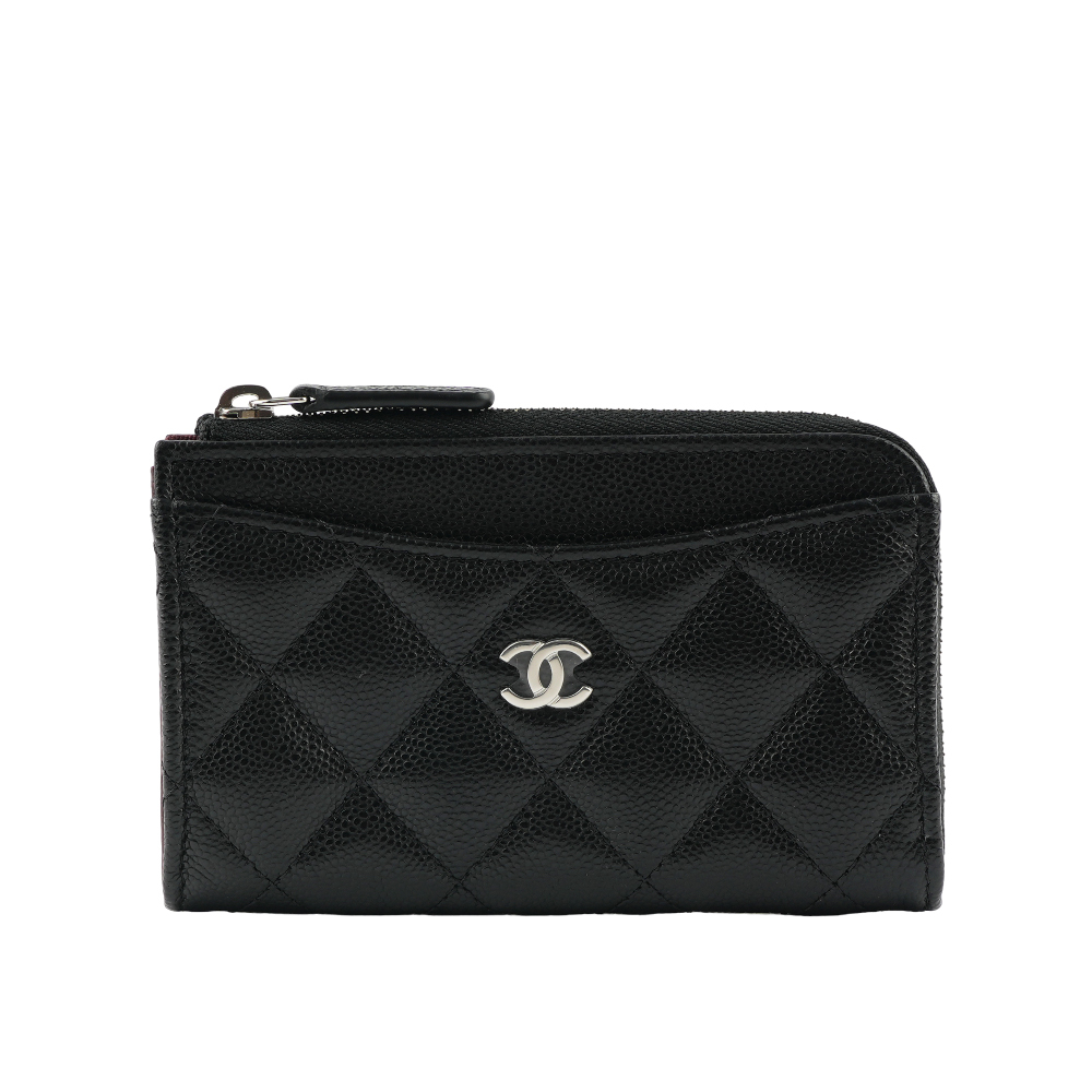 【CHANEL 】銀色Logo 荔枝皮革拉鏈卡夾/零錢包