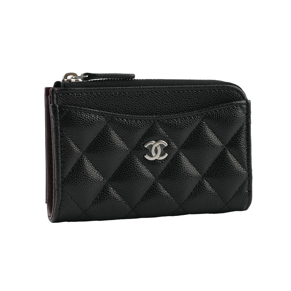【CHANEL 】銀色Logo 荔枝皮革拉鏈卡夾/零錢包(黑色) AP3179