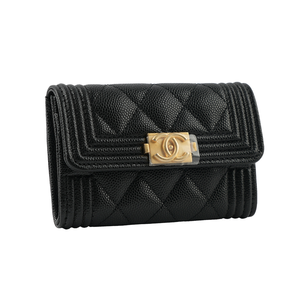 【CHANEL 】Boy Chanel 金釦牛皮翻蓋卡片夾/零錢包