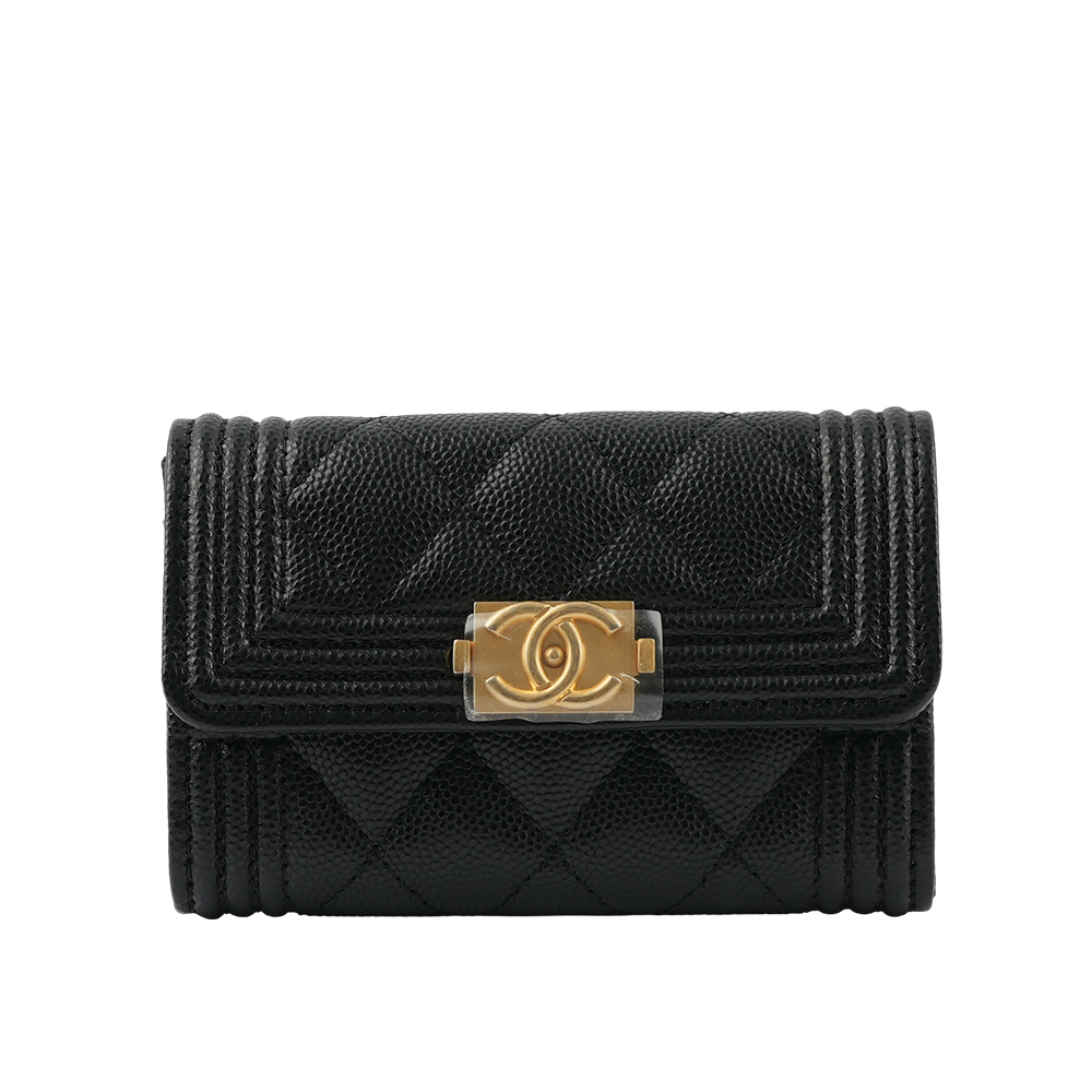 【CHANEL 】Boy Chanel 金釦牛皮翻蓋卡片夾/零錢包(黑色) A80603 B01490 94305