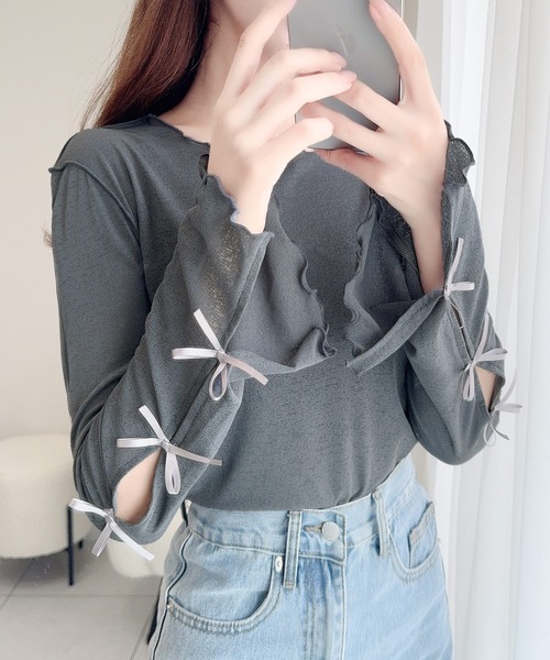 日本🇯🇵連線 Mily Bilet 木耳邊簍空蝴蝶結上衣 針織衫 4色(任買兩件711免運)/預購