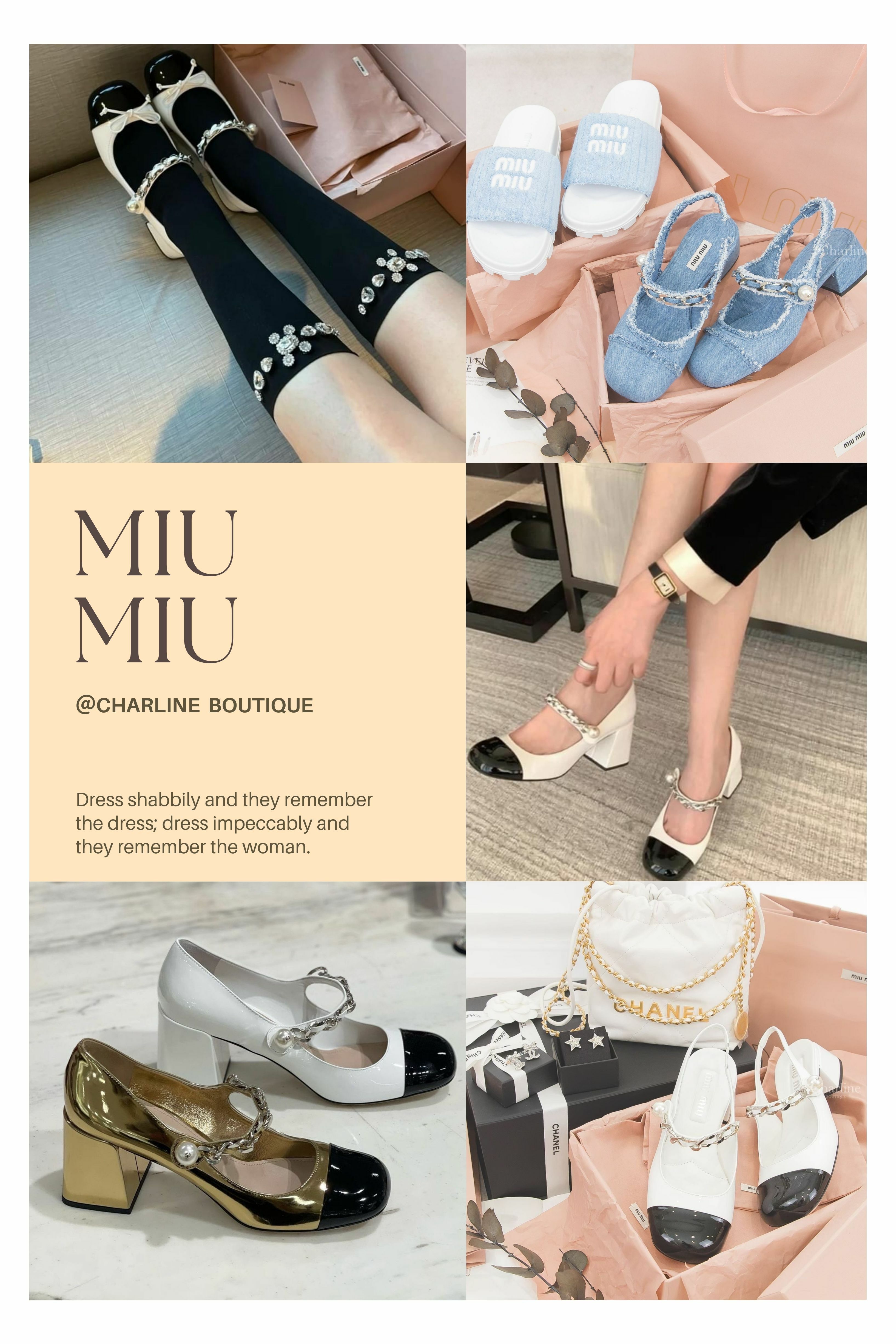 Miu Miu  首先介紹的是Miu Miu的瑪莉珍鞋。Miu Miu是引領這波瑪莉珍鞋風潮的先驅之一，其設計充滿創意和時尚感。Miu Miu的瑪莉珍鞋不僅採用經典的雙色設計，還搭配金屬飾鍊和珍珠，散發出復古的韻味。這款鞋無論搭配什麼風格的服裝都能輕鬆駕馭，讓人感覺可愛且時尚。Miu Miu還推出了高跟設計的瑪莉珍鞋，可以修飾腿型，讓穿著者更加自信。