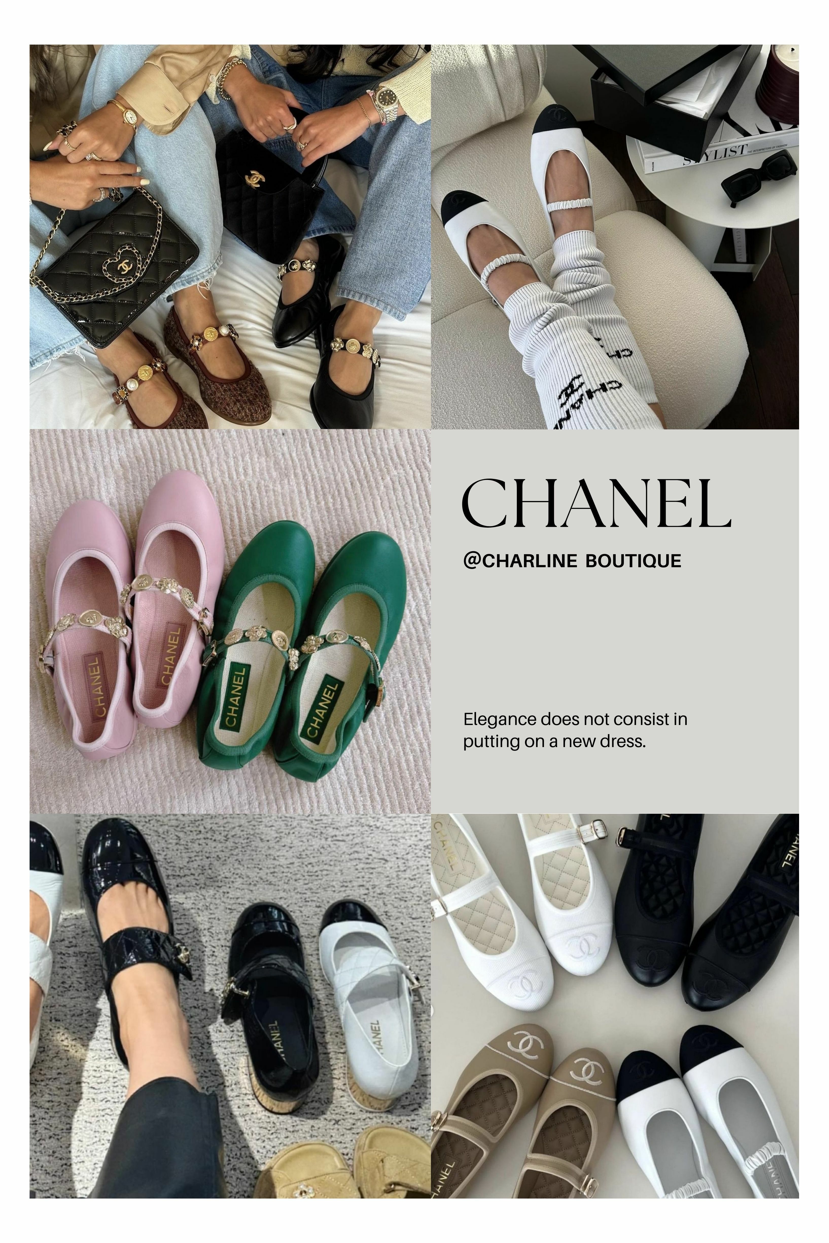 Chanel  Chanel也是想嘗試瑪莉珍鞋款的朋友絕對不能錯過的品牌，在款式上不僅有基本的平底款，另外還有粗高跟及楔型鞋款，不管是哪種鞋款，都結合了小羊皮與小牛皮的材質組成，再搭配水晶鑽扣與品牌的雙C標誌、菱格紋、蝴蝶結以及山茶花等經典元素搭配點綴。近期還推出了布面款，看起來更休閒了一點。Chanel的瑪莉珍鞋風格多樣，無論單穿還是搭配短襪，都能展現可愛與優雅，滿足不同風格和喜好的需求。