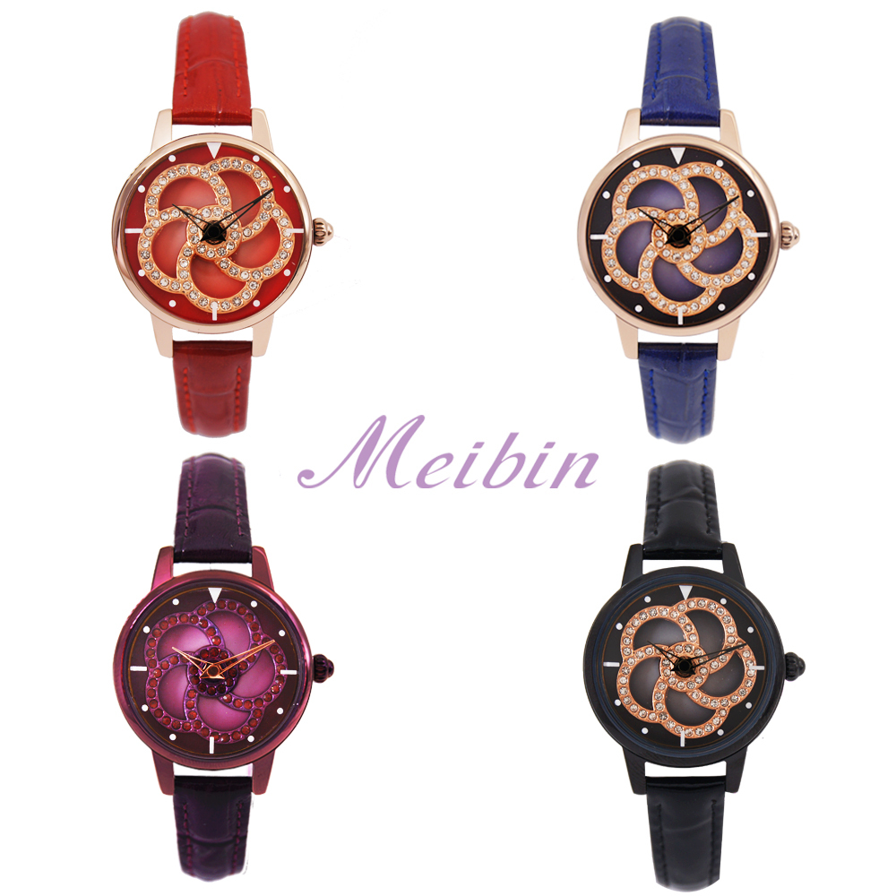 【Mebin 美賓】與花共舞 璀璨水鑽 淑女皮革腕錶
