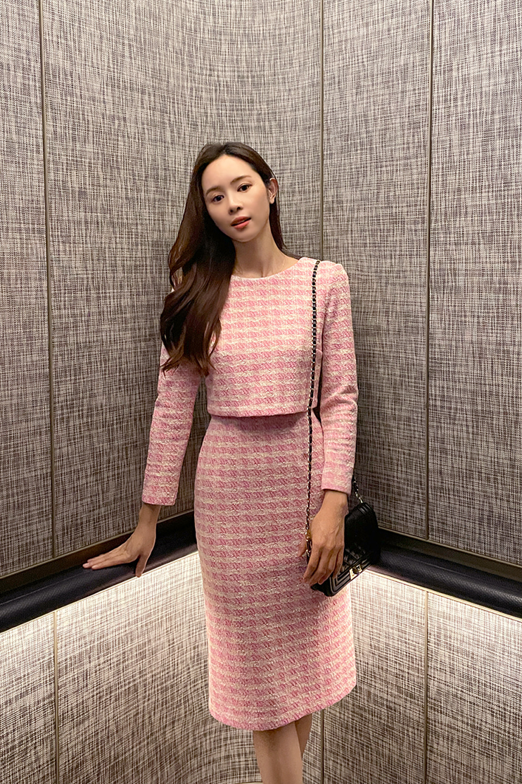 [現貨] 格紋層次香香洋裝 [ 粉紅色 / S ]