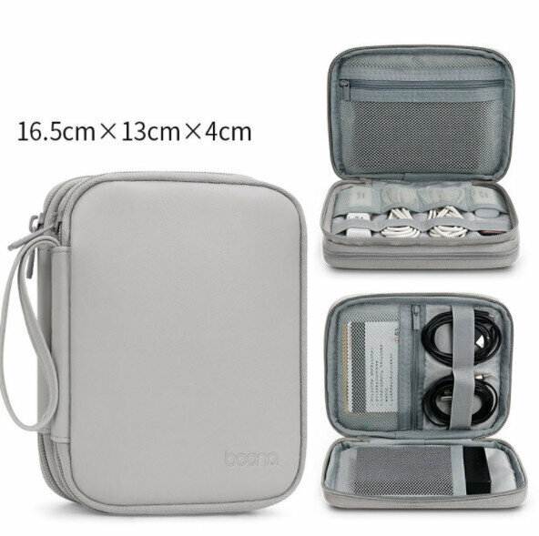 Leather double-layer large-capacity data cable, U disk charging bag, storage bag, portable tote bag, waterproof and anti-fouling (small double-layer gray)