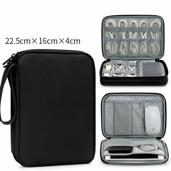 Leather double-layer large-capacity data cable, U disk charging bag, storage bag, portable tote bag, waterproof and anti-fouling (large double-layer black)