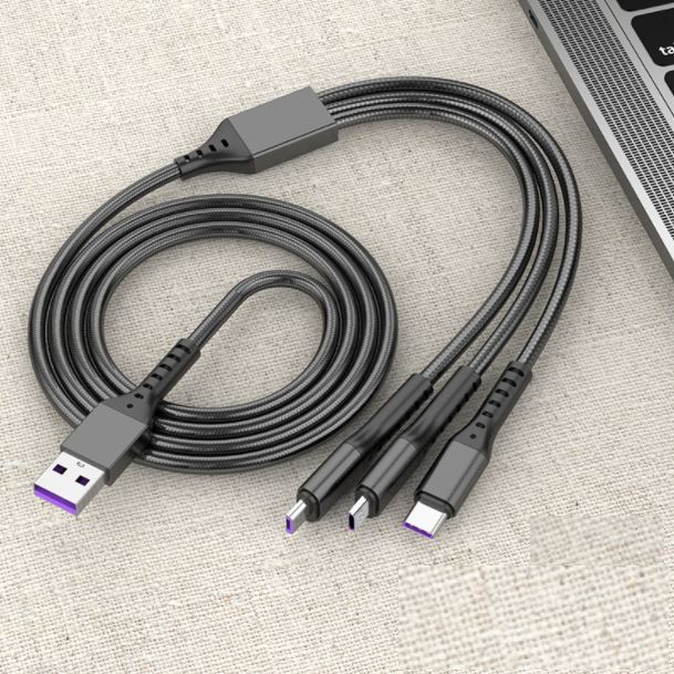 5A Super Fast Charging One-in-One Three Data Cables 3-in-1 for Android TYPE-C Apple Fishing Silk Data Cable (Cool Black)