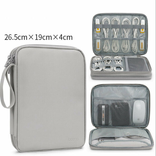 Leather double-layer large-capacity data cable, U disk charging bag, storage bag, portable tote bag, waterproof and anti-fouling (large double-layer gray)