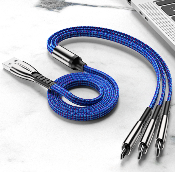 Zinc alloy braided one-in-three data cable for Android Apple TYPE-C 3-in-1 fast charging cable (gentleman blue [1.2 meters] 2 core ordinary charging)