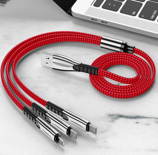 Zinc alloy braided one-in-three data cable is suitable for Android and Apple TYPE-C 3-in-1 fast charging cable (fierce red [1.2 meters] 2-core ordinary charging)