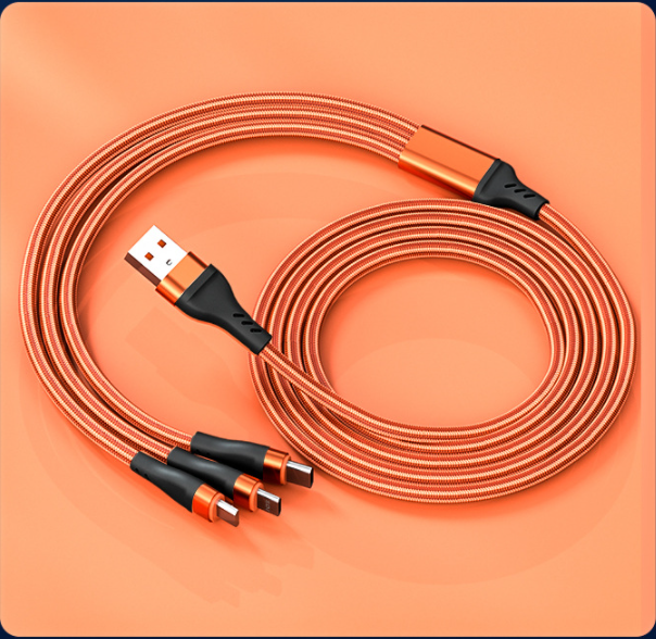 Fishnet Woven 3-in-1 6A Fast Charging Data Cable (Cool Orange Super Fast Charging)