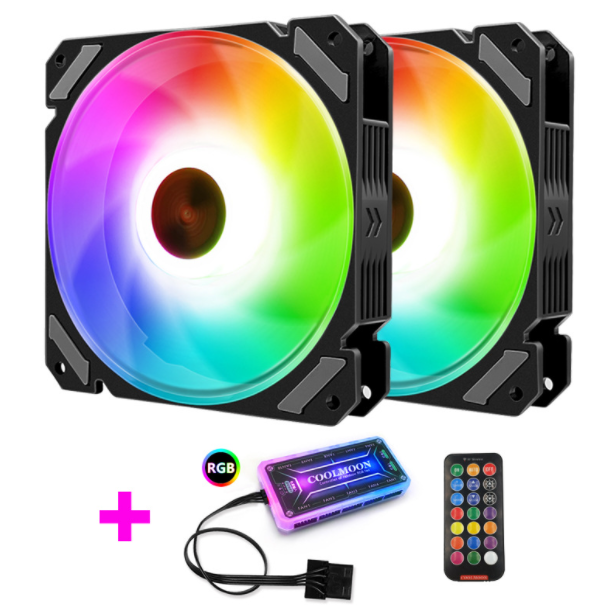 COOLMOON RGB Fan 12cm Case Fan Glow-in-the-Clock Silent Desktop Cooling Fan (2 RGB Fans + 1 Standard Controller)