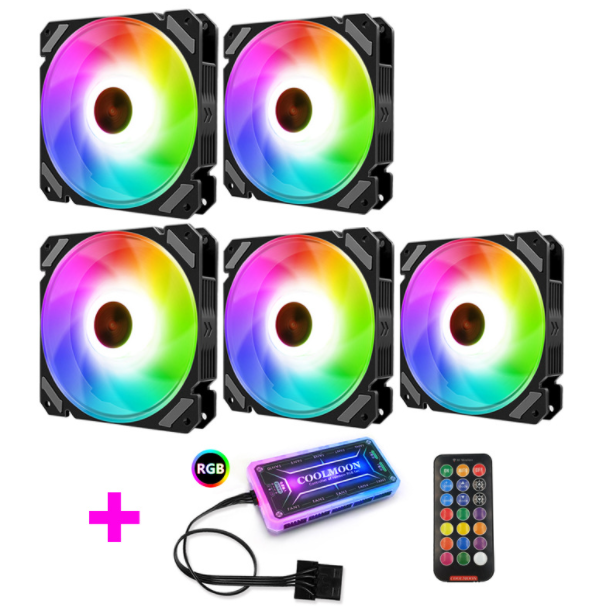 COOLMOON RGB Fan 12cm Case Fan Silent Desktop Cooling Fan (5 RGB Fans + 1 Standard Controller)