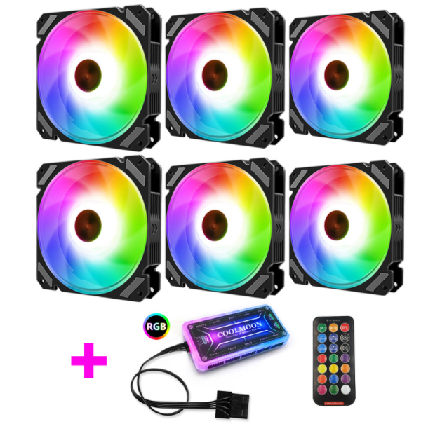 COOLMOON RGB Fan 12cm Case Fan Silent Desktop Cooling Fan (6 RGB Fans + 1 Standard Controller)