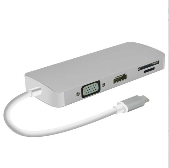 爆款type-c拓展塢轉HDMI vga多功能macbook hub分線器網卡 帶PD充電（銀色）
