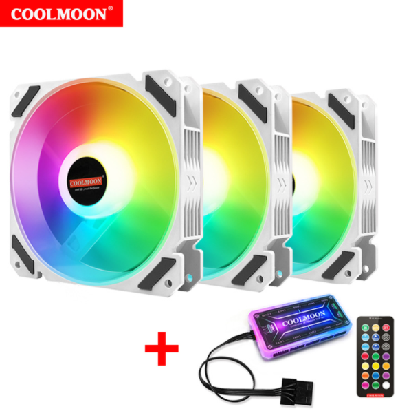 COOLMOON RGB Fan 12cm Case Fan Interior Illuminated Silent Desktop Cooling Fan (3pcs Silent Moon White + Standard Controller)
