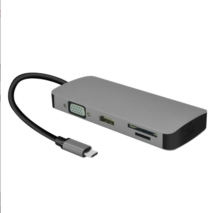 爆款type-c拓展塢轉HDMI vga多功能macbook hub分線器網卡 帶PD充電（灰色）