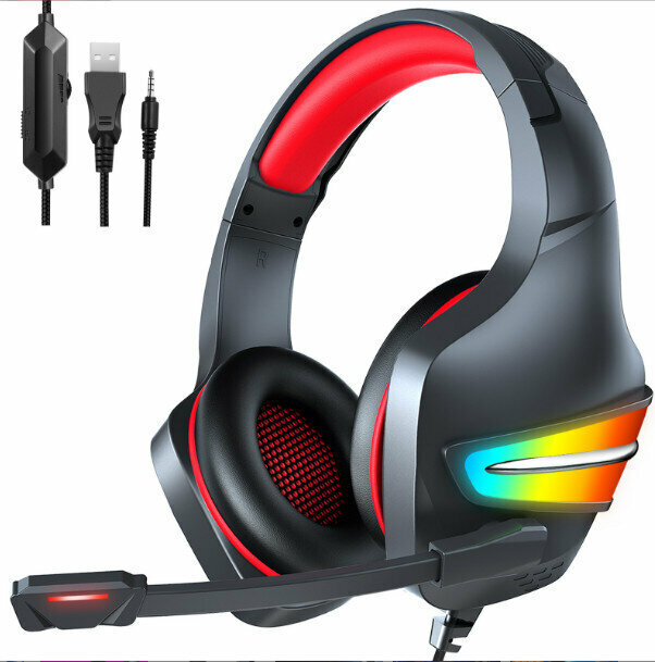 熱推遊戲耳機頭戴式電腦線控耳麥重低音電競耳機（黑紅色）